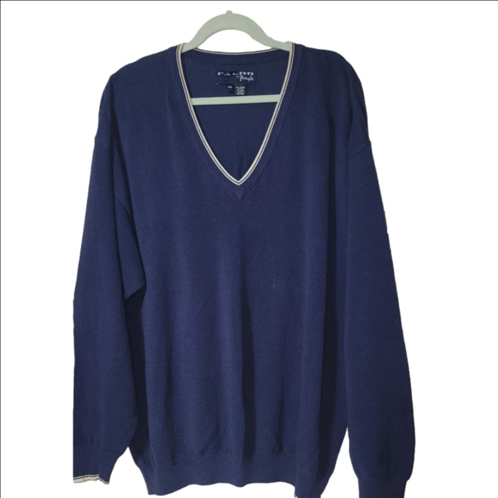 Vtg FALDO by PRINGLE Waffle Knit Cotton Navy Long Sleeve V-knit Golf Sweater XXL